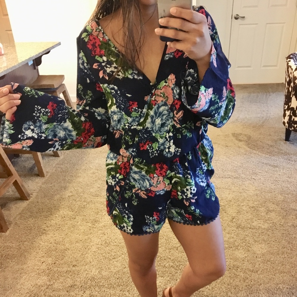 Navy floral boho Bell Sleeve romper
